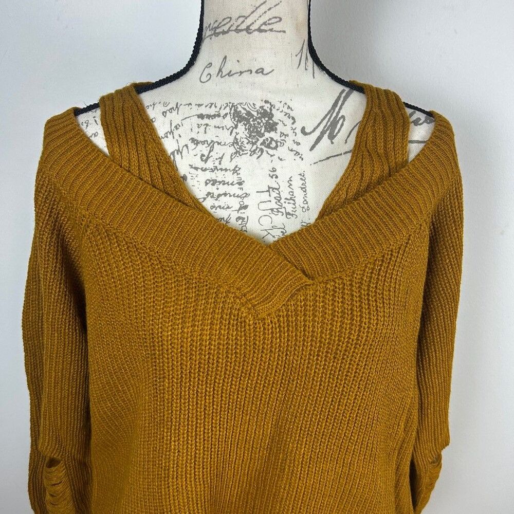 Full Circle Trends Mustard Yellow Distressed Cold Shoulder Sweater Womens 2X - Picture 2 of 10